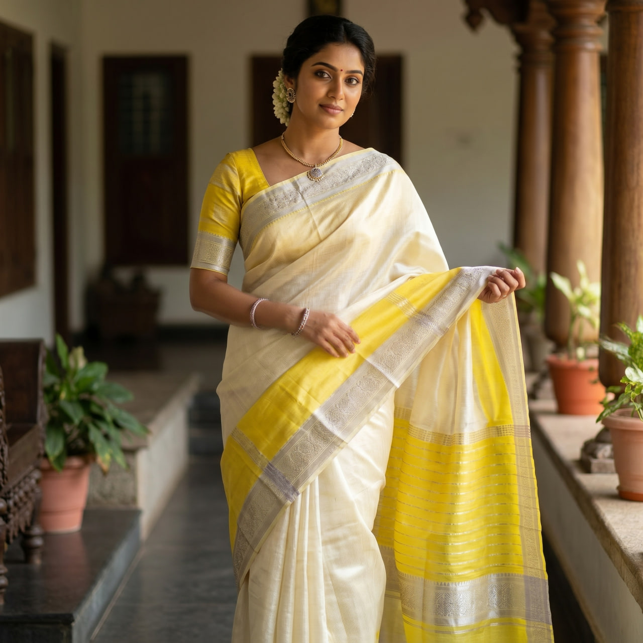 Golden Daffodils Bloom Silver Zari Mangalagiri Pure Handloom Cotton Saree